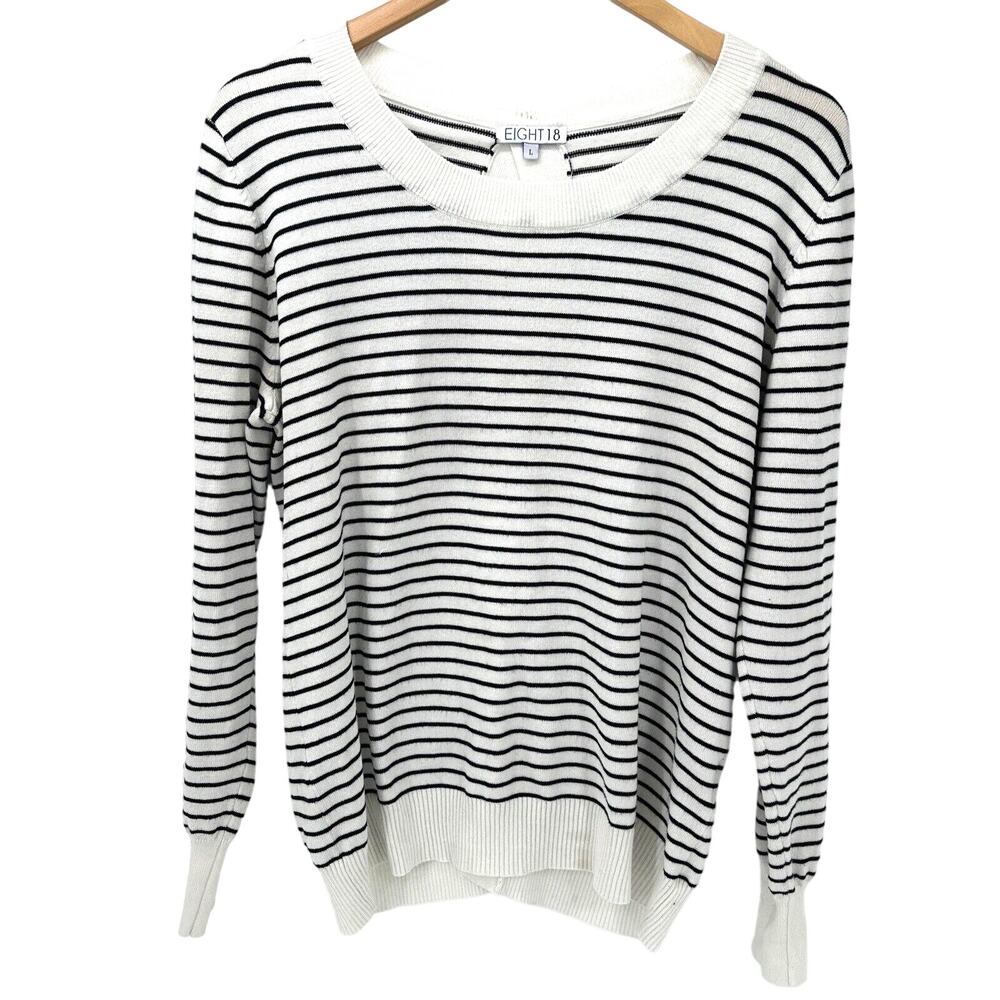 EIGHT 18 Sweater Womens Large Francie Black White Pullover Striped Keyhole